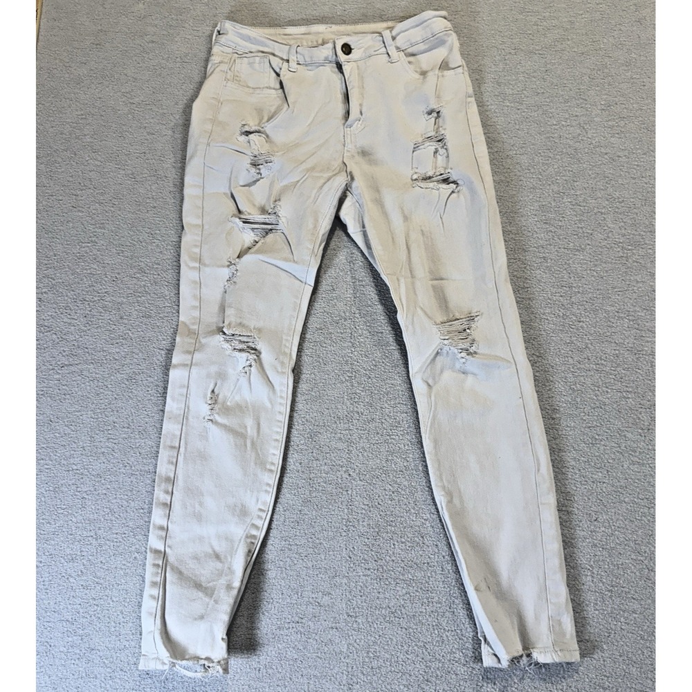 ROSSWEAR Medium Cream Distressed Straight High Rise‎ Women's White Denim Jeans